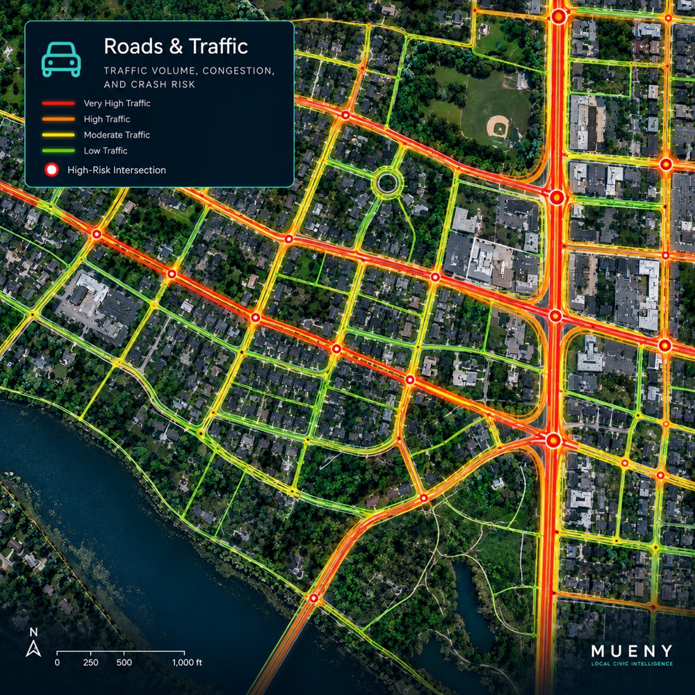 Illustrative roads and traffic layer; not a live-data screenshot